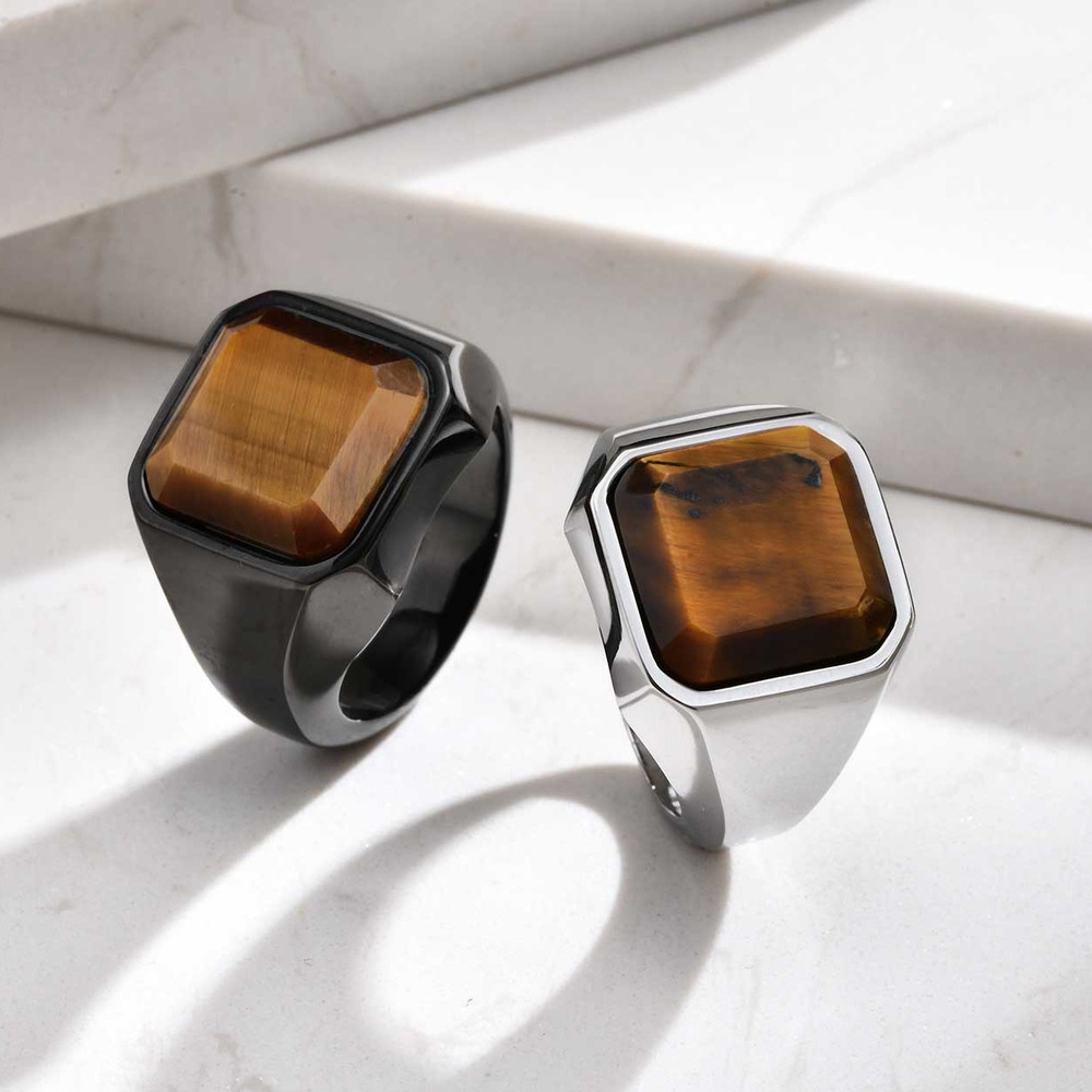 Signet Ring Men - Brown Tiger Eye Stone Ring for