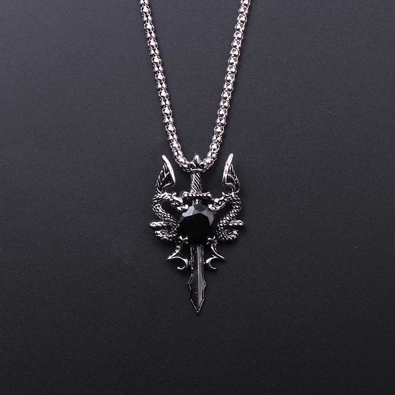 Men Accessories Pendant - Double Dragon Black Gem Cross Necklace
