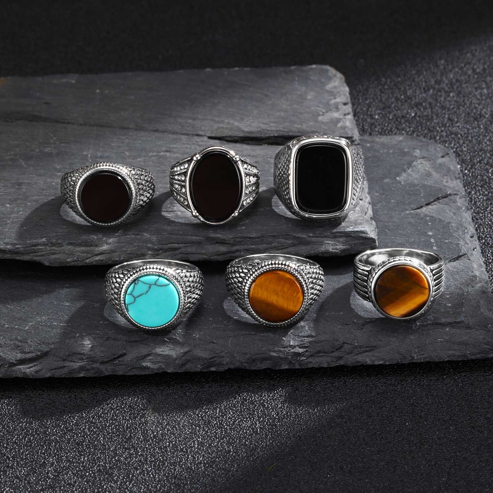 Geometric Turquoise Tiger Eyes - Signet Ring Men 评论和价格