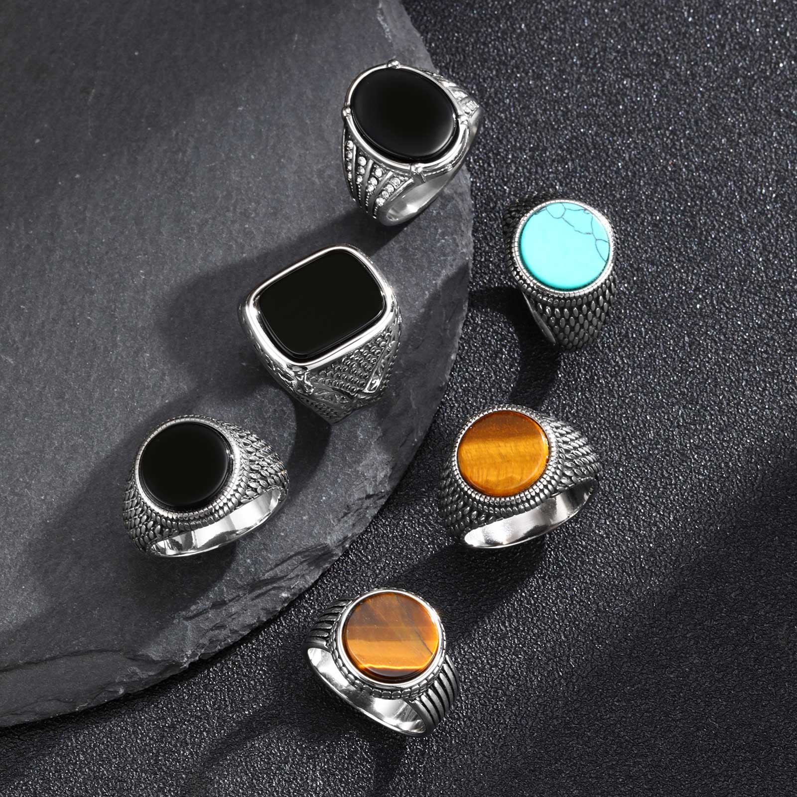 Geometric Turquoise Tiger Eyes - Signet Ring Men 评论和价格