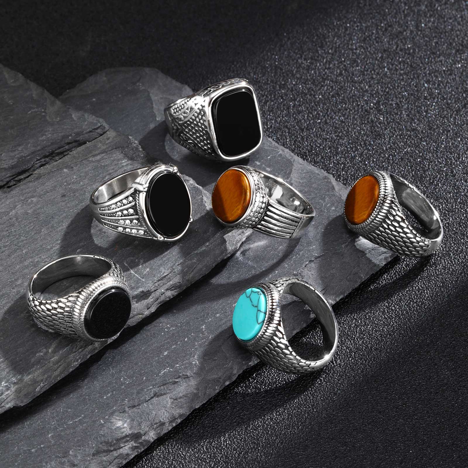 Geometric Turquoise Tiger Eyes - Signet Ring Men 评论和价格