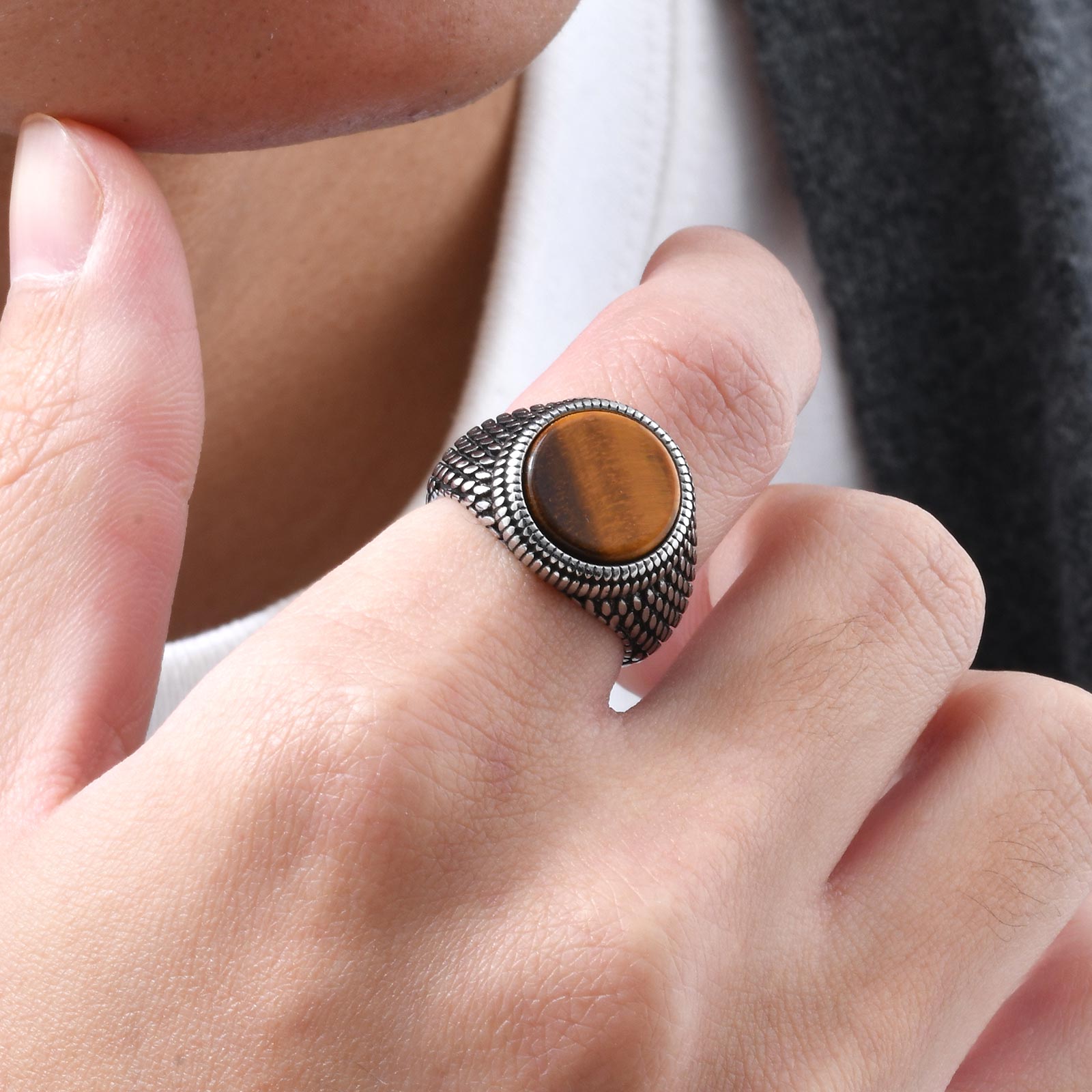 Geometric Turquoise Tiger Eyes - Signet Ring Men 评论和价格