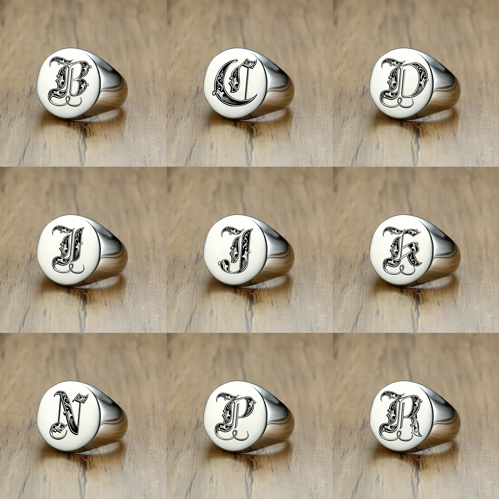 Vnox Stylish Pattern Font Init - Signet Ring Men 评论和价格